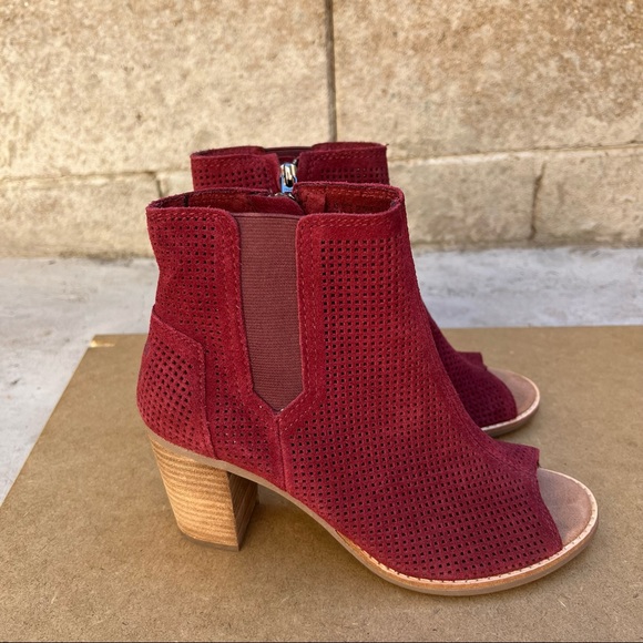 Toms Shoes - Tom's Majorca Perforated Suede Red Peep Toe Ankle Booties Size 8